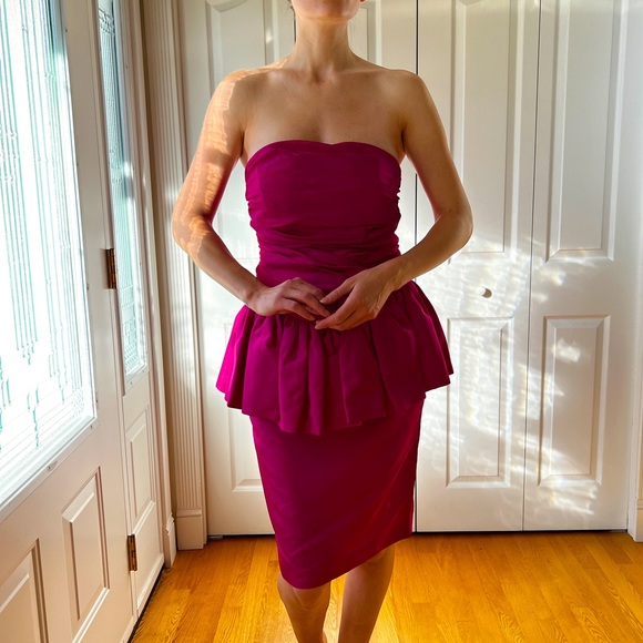 Vintage Nu Mode Hot Pink Peplum Strapless Cocktail Dress - Picture 2 of 10